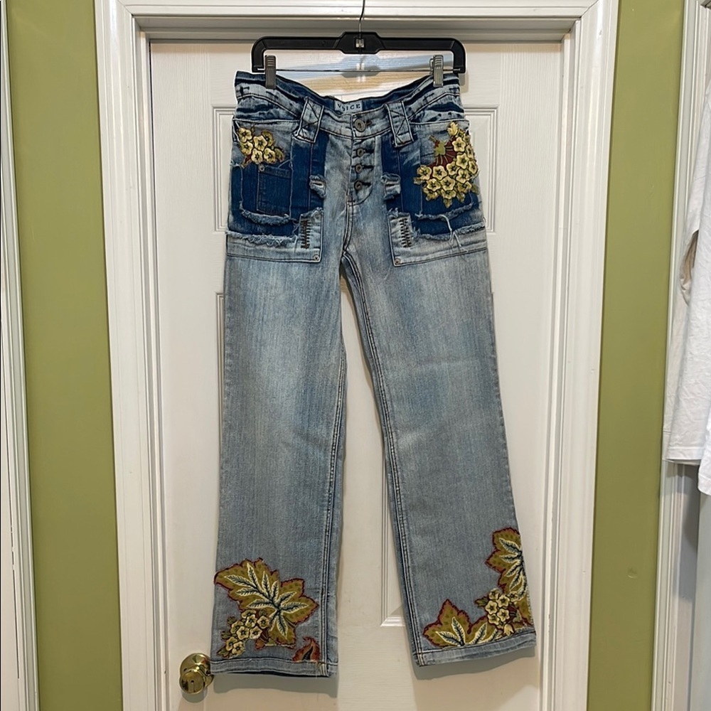 Upcycled blue jeans - hand sewn material patches -OOAK - button fly - size 9/10